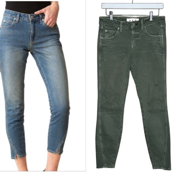 AMO Twist Mid-Rise Ankle Skinny Distressed Crop Jeans  Army Green Size 30 OOAK - Picture 1 of 15